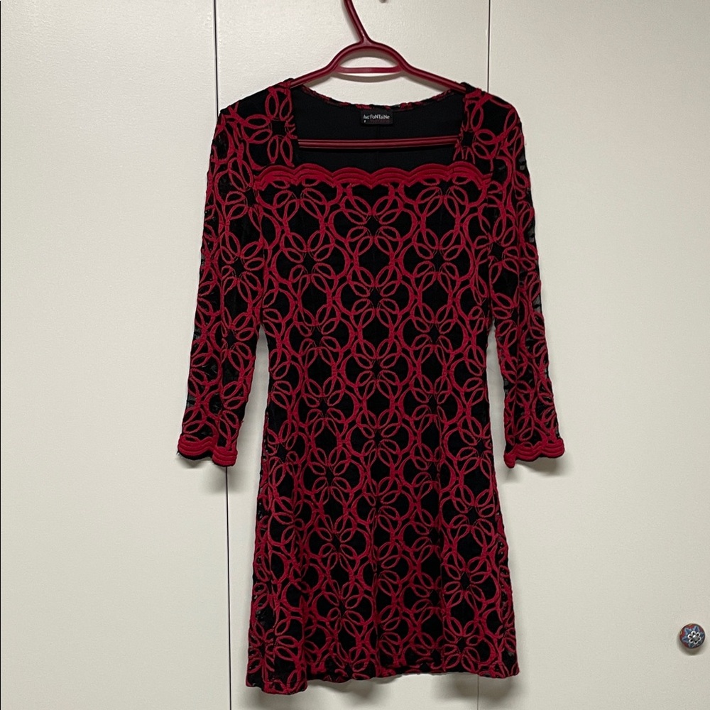 Luc Fontaine Black Dress with Red Lace overlay